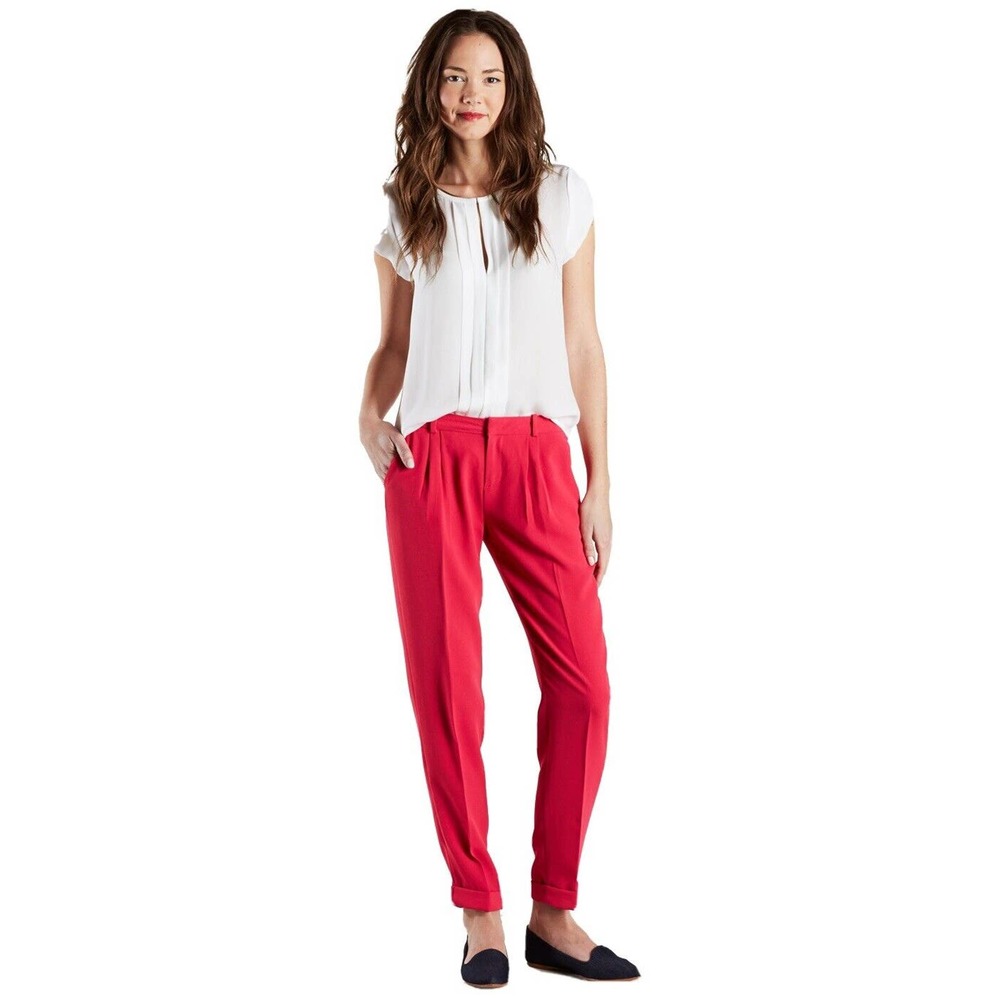 NWT Joie Anderson B Pants Slim Cuffed Pleated Trouser Crepe Red Pink sz 10 $198